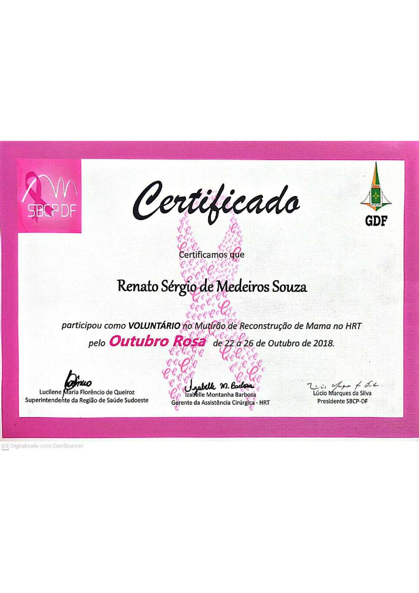 Voluntário — mutirão de reconstrução de mama, Outubro Rosa, HRT / SBCP-DF, 2018