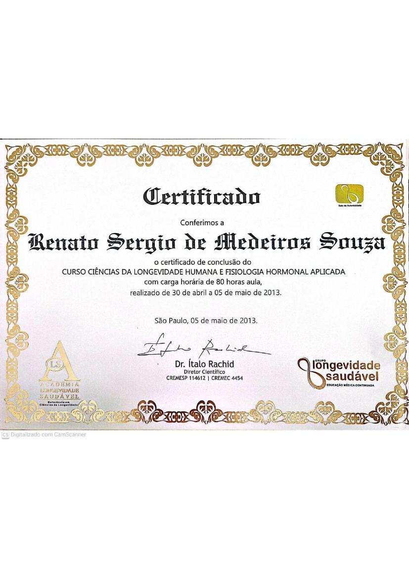 Curso de Ciências da Longevidade Humana e Fisiologia Hormonal Aplicada, 80h, 2013