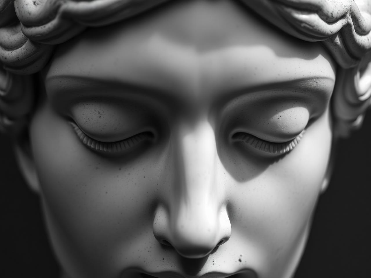 Detalhe de escultura clássica com pálpebras fechadas, imagem ilustrativa